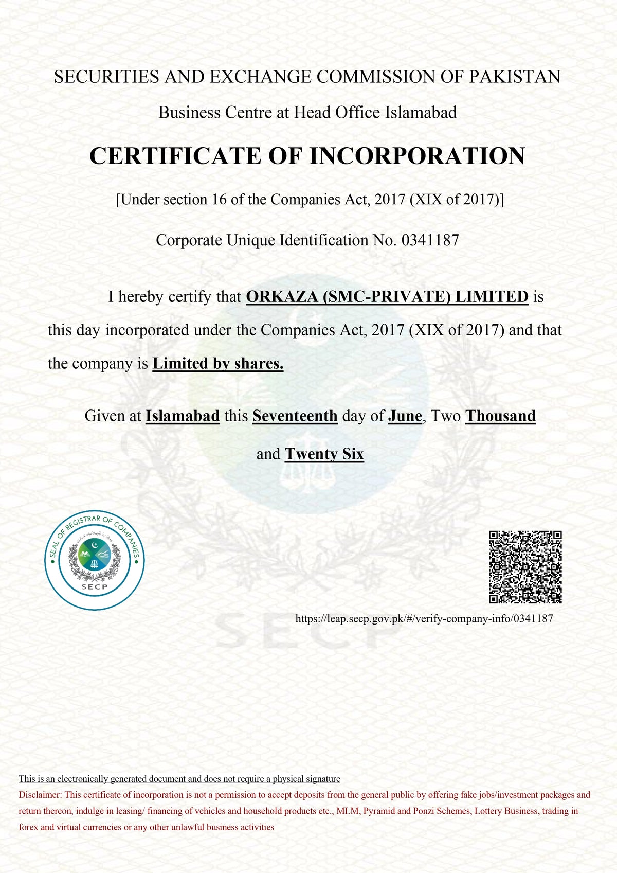 Orkaza Incorporation Letter